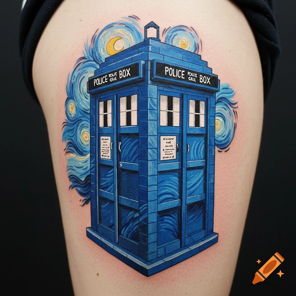 A Doctor Who TARDIS tattoo in the style of Van Gogh's Starry Night on a person's leg.