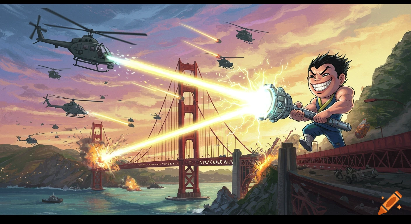 A large cartoon character destroys the Golden Gate Bridge with a beam weapon, while helicopters attack.