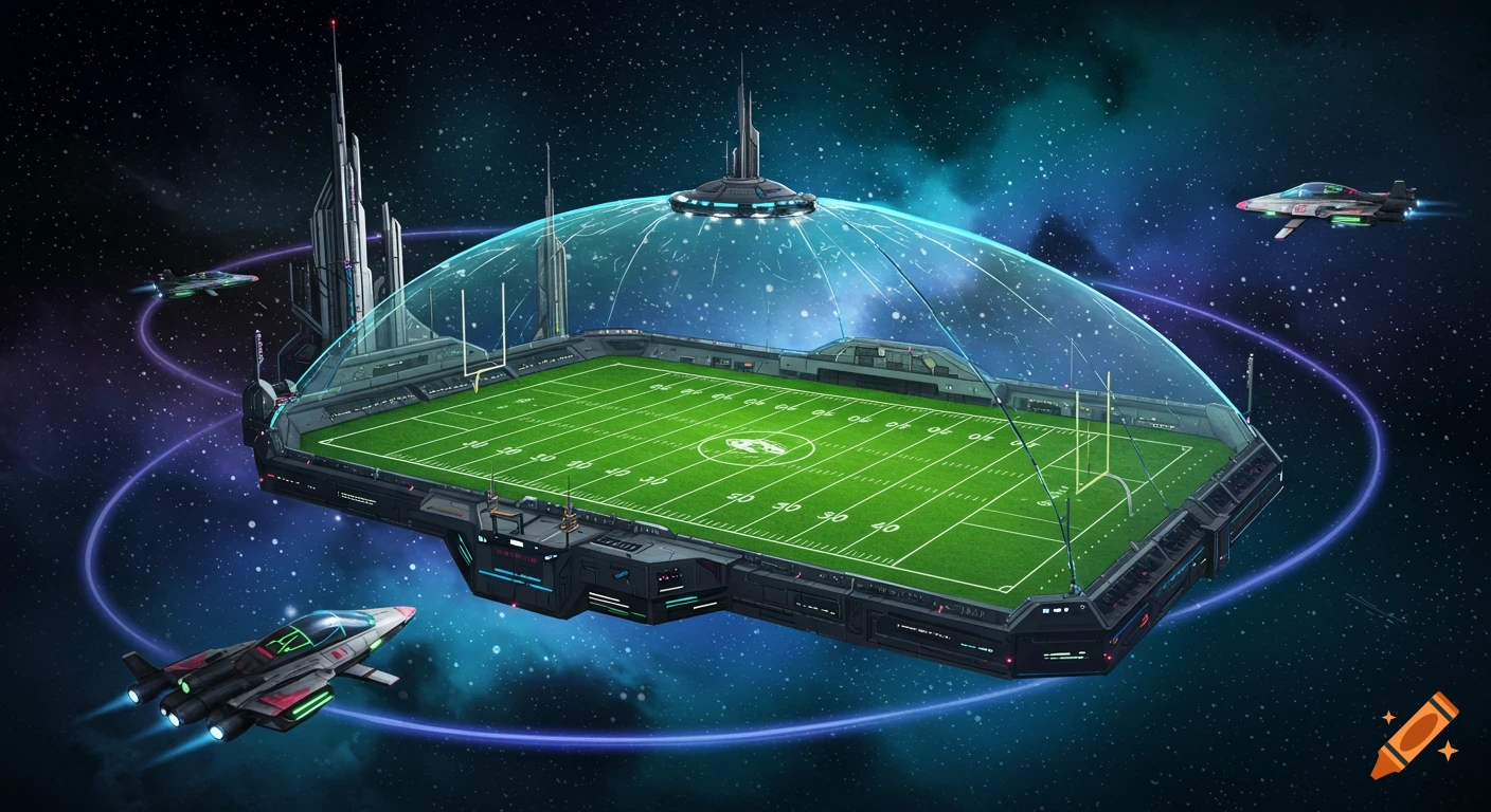 A futuristic football stadium floats in space with spaceships flying nearby.