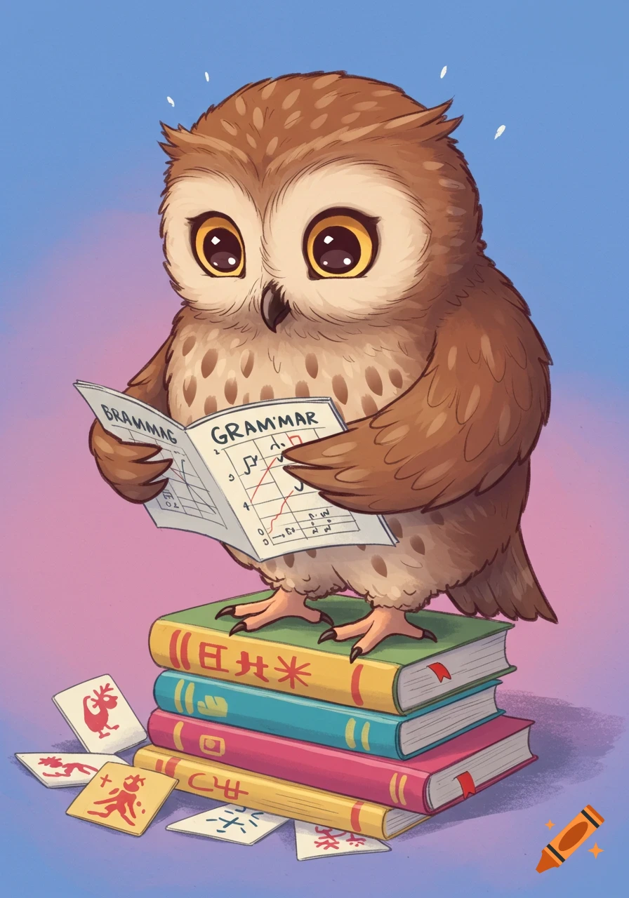 A cute cartoon owl stands on a stack of books reading.