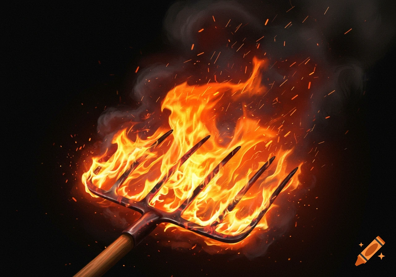 A pitchfork engulfed in flames with sparks flying.