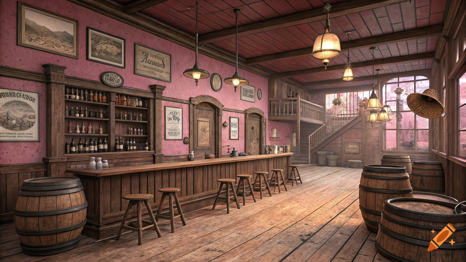 A pink-walled saloon interior with a long wooden bar, stools, shelves of bottles, barrels, and a staircase.
