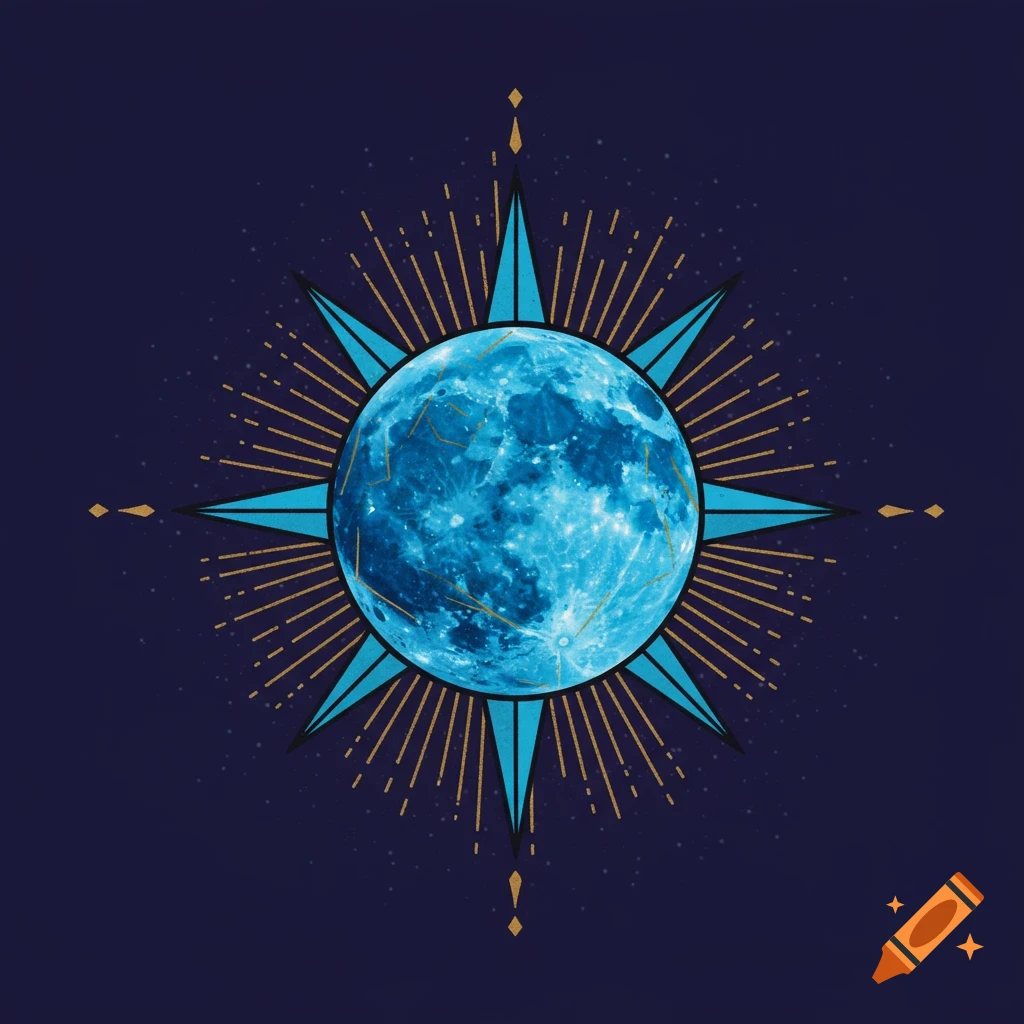 A blue moon surrounded by a geometric starburst on a starry dark blue background.