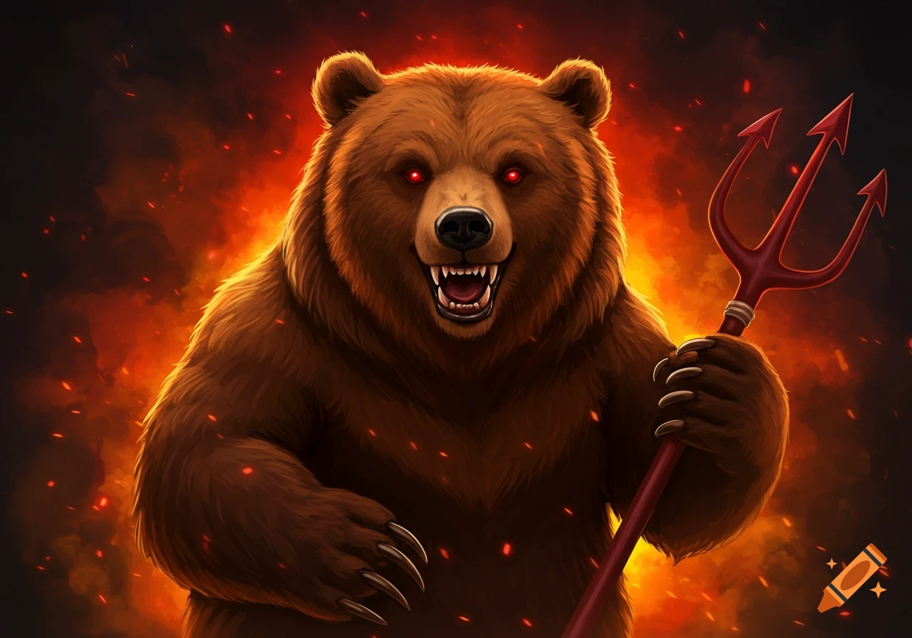 A fierce devilish bear with red eyes holds a trident in front of a fiery background in a digital painting.