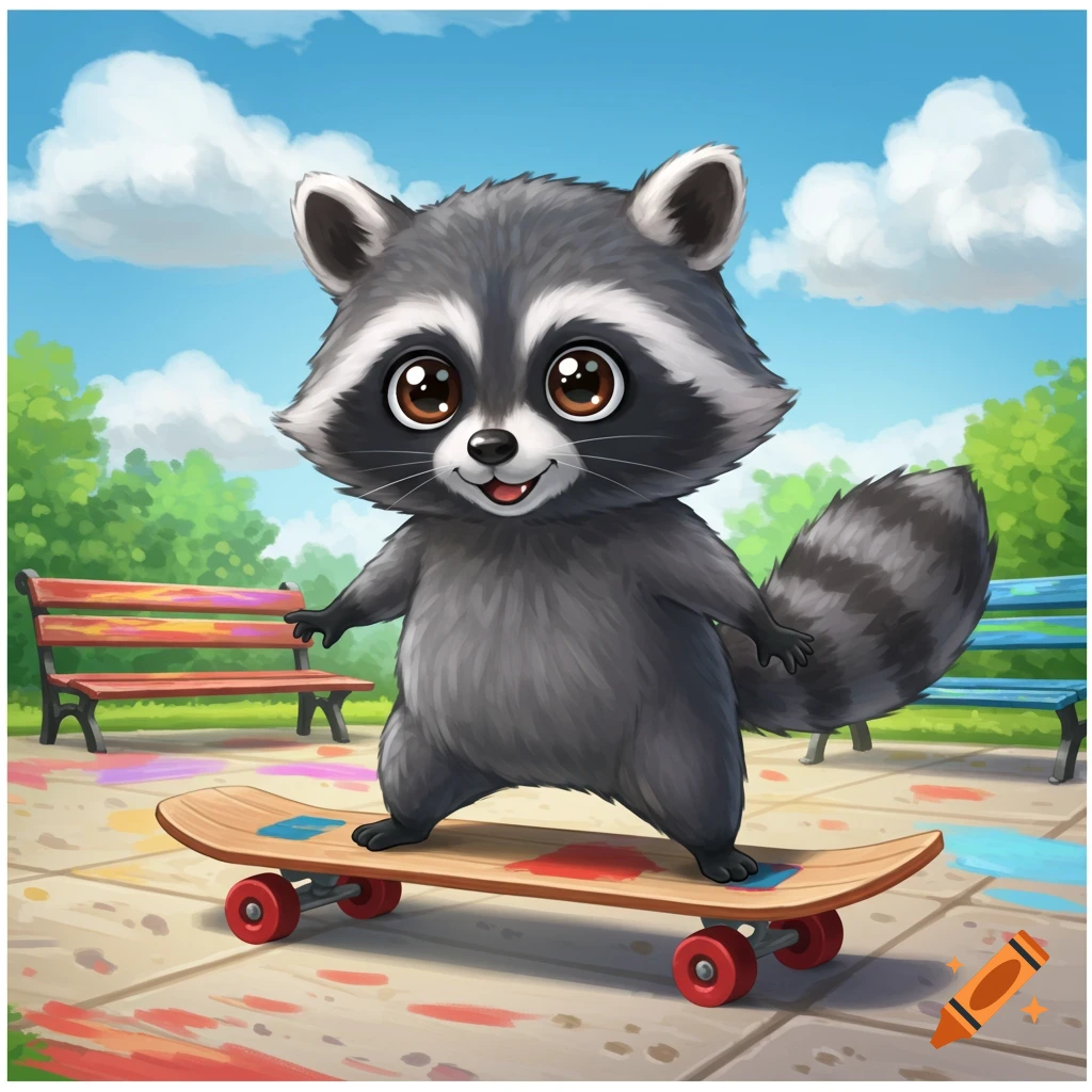 A cute cartoon raccoon on a skateboard in a park.