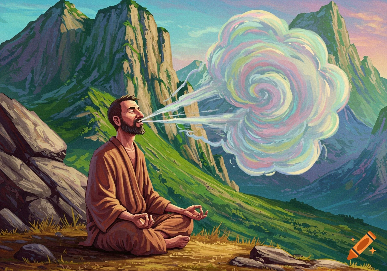 A man meditates on a mountainside, exhaling a colorful cloud.