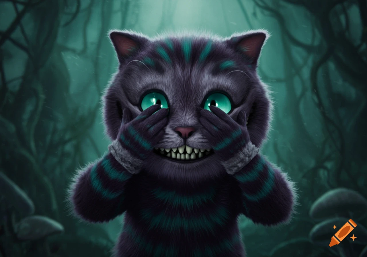 A stylized purple and teal striped cat resembling the Cheshire Cat covers its eyes with its paws in a dark forest.