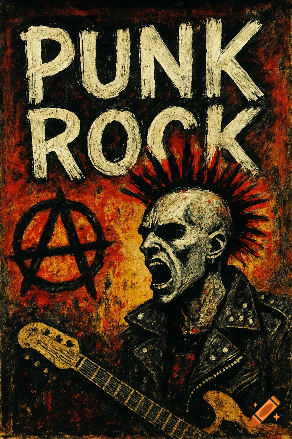 Illustration of a punk rocker with mohawk and guitar, anarchy symbol, and 'PUNK ROCK' text in a gritty style.