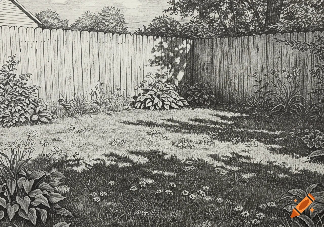 Pencil drawing of a sunny backyard garden with a wooden fence, grass, flowers, and shadows.