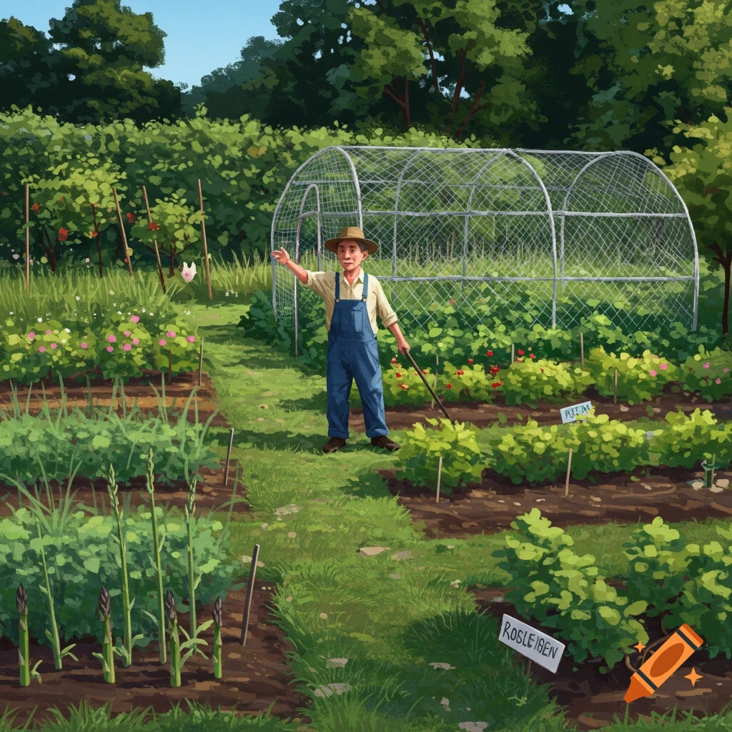 A farmer in overalls stands in a garden with rows of plants and a chicken-wire enclosure.