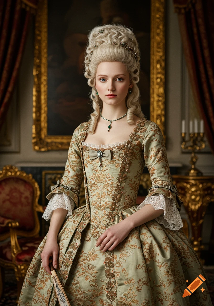 Portrait of a woman in elaborate 18th-century historical dress in an ornate room.