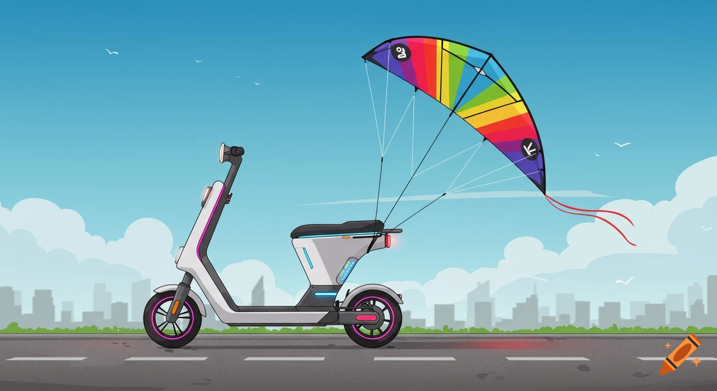 A futuristic white scooter with pink wheels pulls a large, colorful kite over a road in a vector art style, cityscape background.