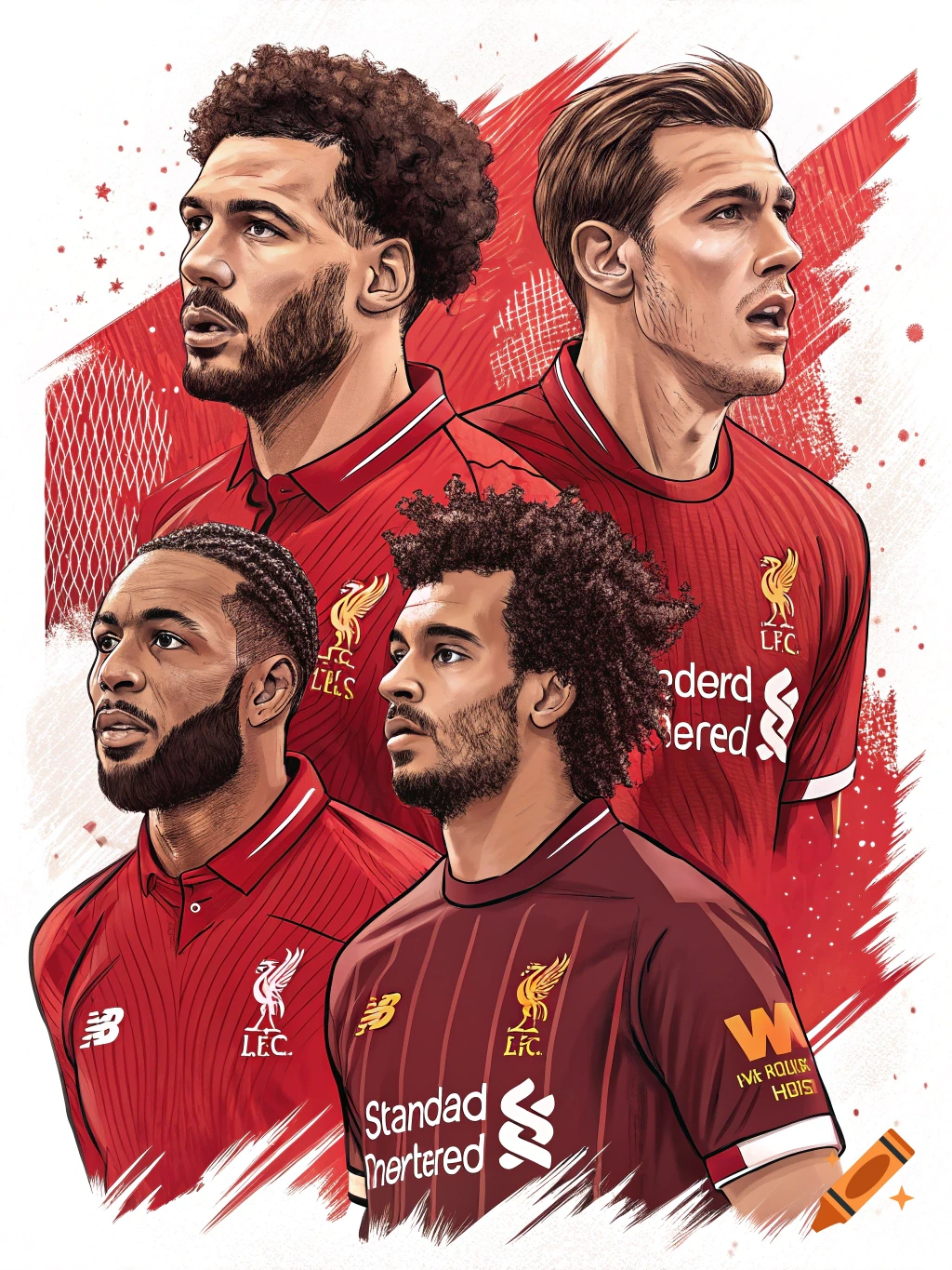 Illustration of four male soccer players in red jerseys