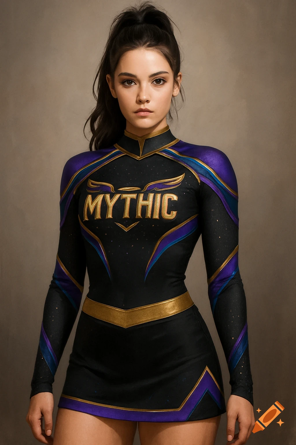A young woman in a black, purple, and gold cheerleading uniform with 'MYTHIC' on the chest.