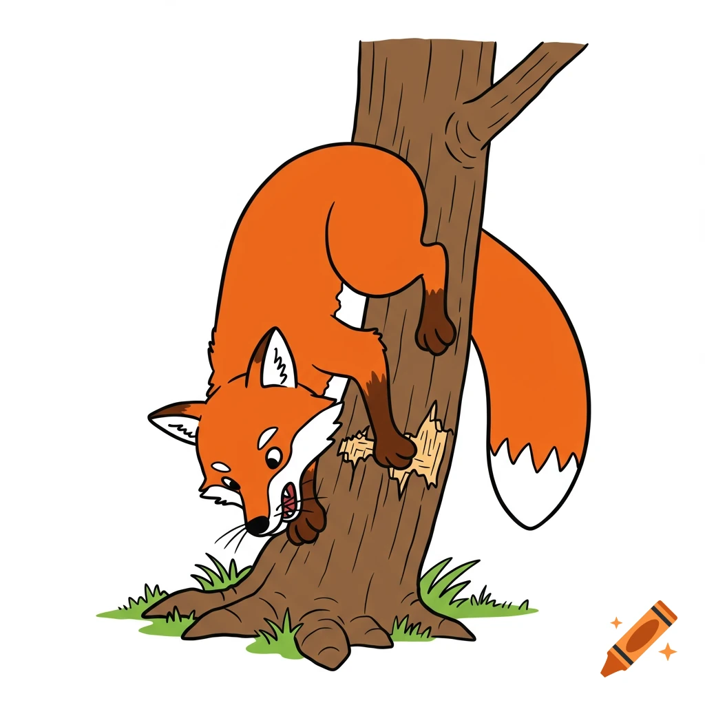 Cartoon illustration of an orange fox climbing down a tree trunk.