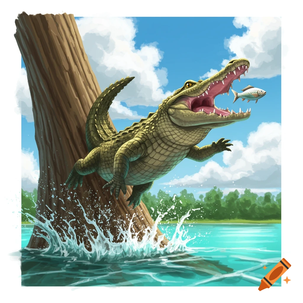 Cartoon illustration of an alligator leaping out of water near a tree to catch a fish.