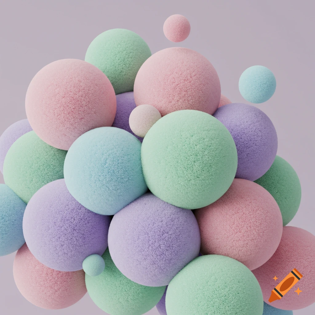 A cluster of fluffy pastel balls in shades of pink, green, blue, and purple.