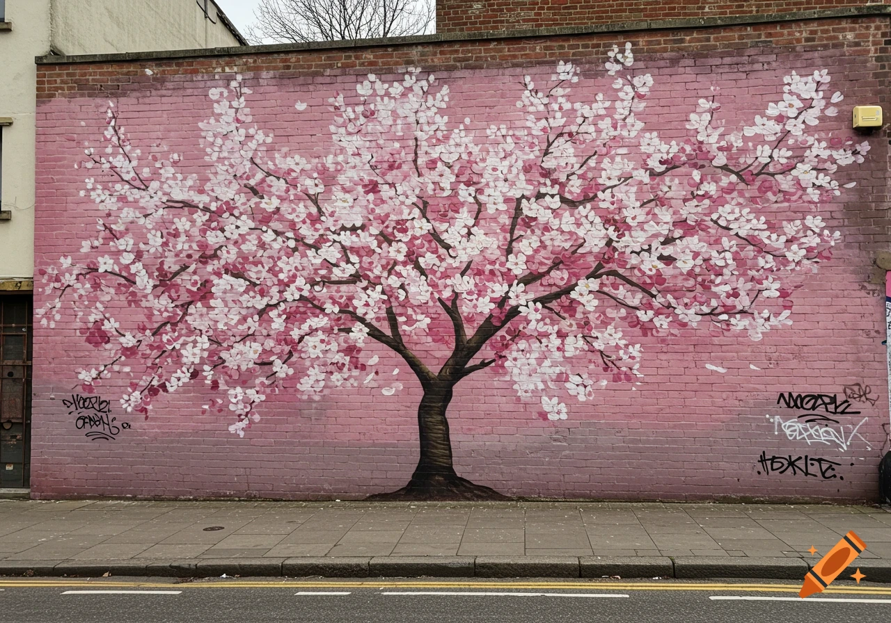 Mural of a cherry blossom tree with pink and white flowers on a brick wall.