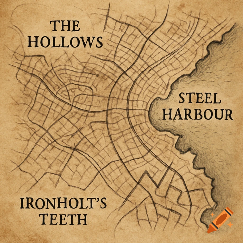 Hand-drawn fantasy map of a city with areas called The Hollows, Steel Harbour, and Ironholt's Teeth.