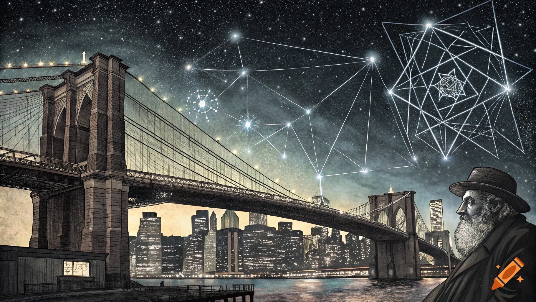 Man overlooks Brooklyn Bridge and Manhattan skyline under starry sky with cosmic patterns.