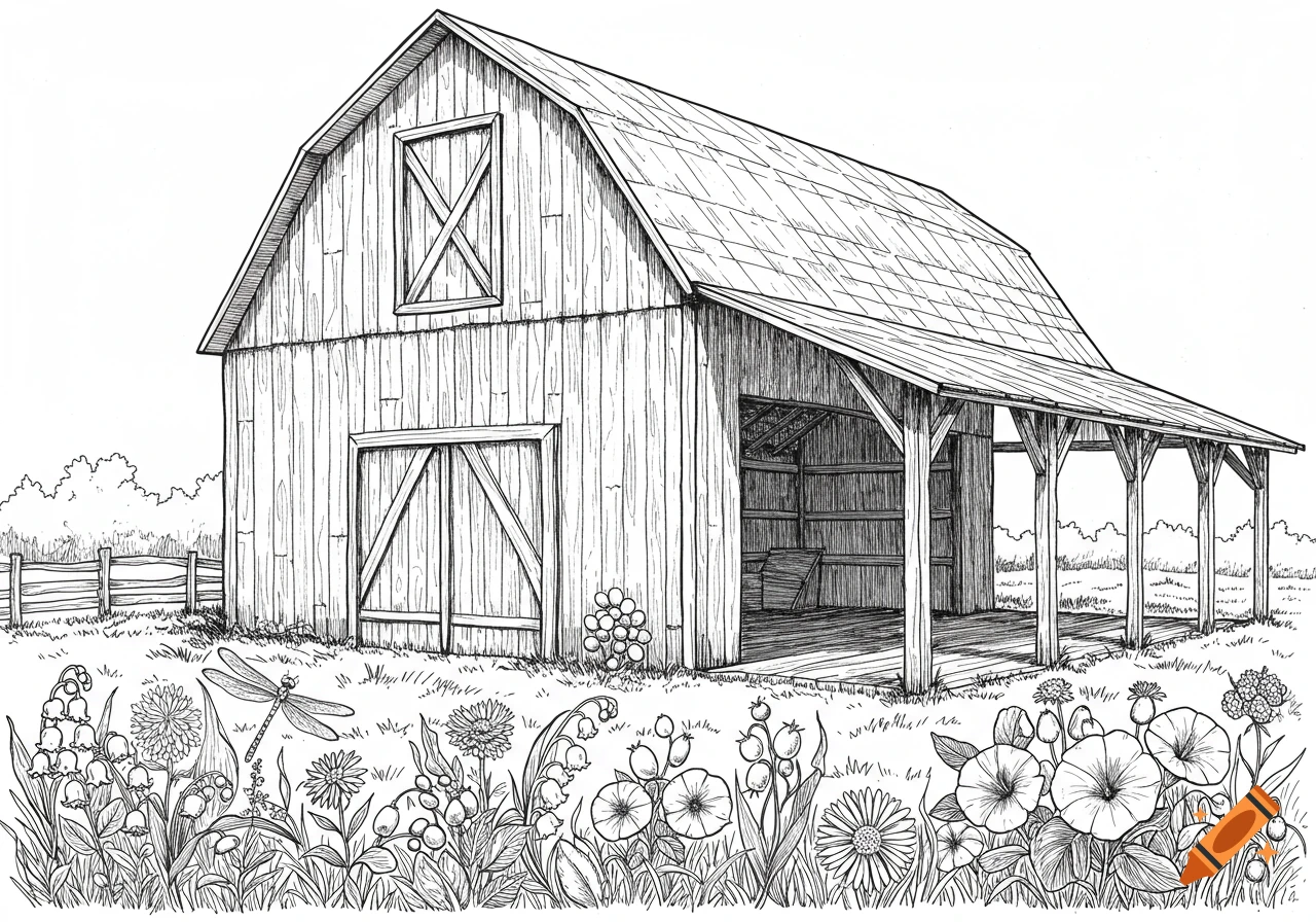 Black and white line art drawing of a barn with flowers and a dragonfly in the foreground.