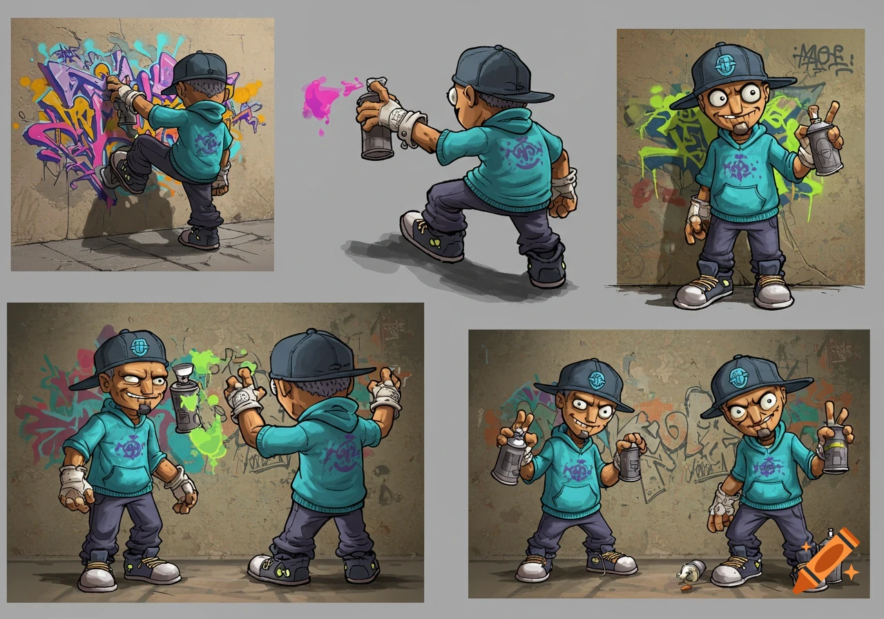 A cartoon graffiti artist character is shown in multiple poses, spray painting on a wall.