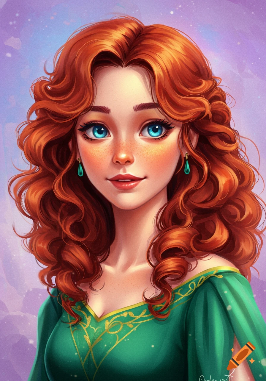 Digital painting portrait of a woman with long red hair, blue eyes, and freckles, wearing a green dress.