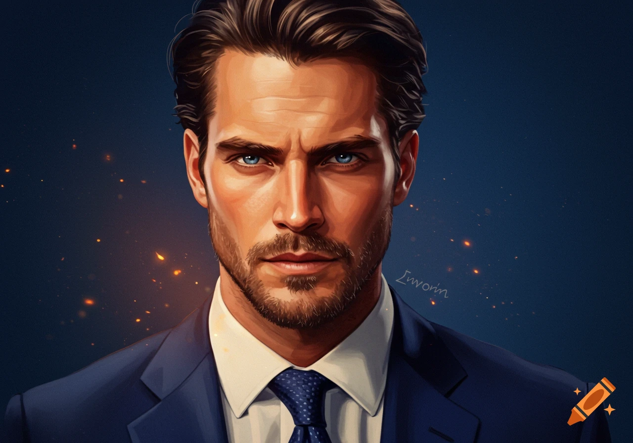 A digital painting portrait of a handsome man in a blue suit with striking blue eyes.