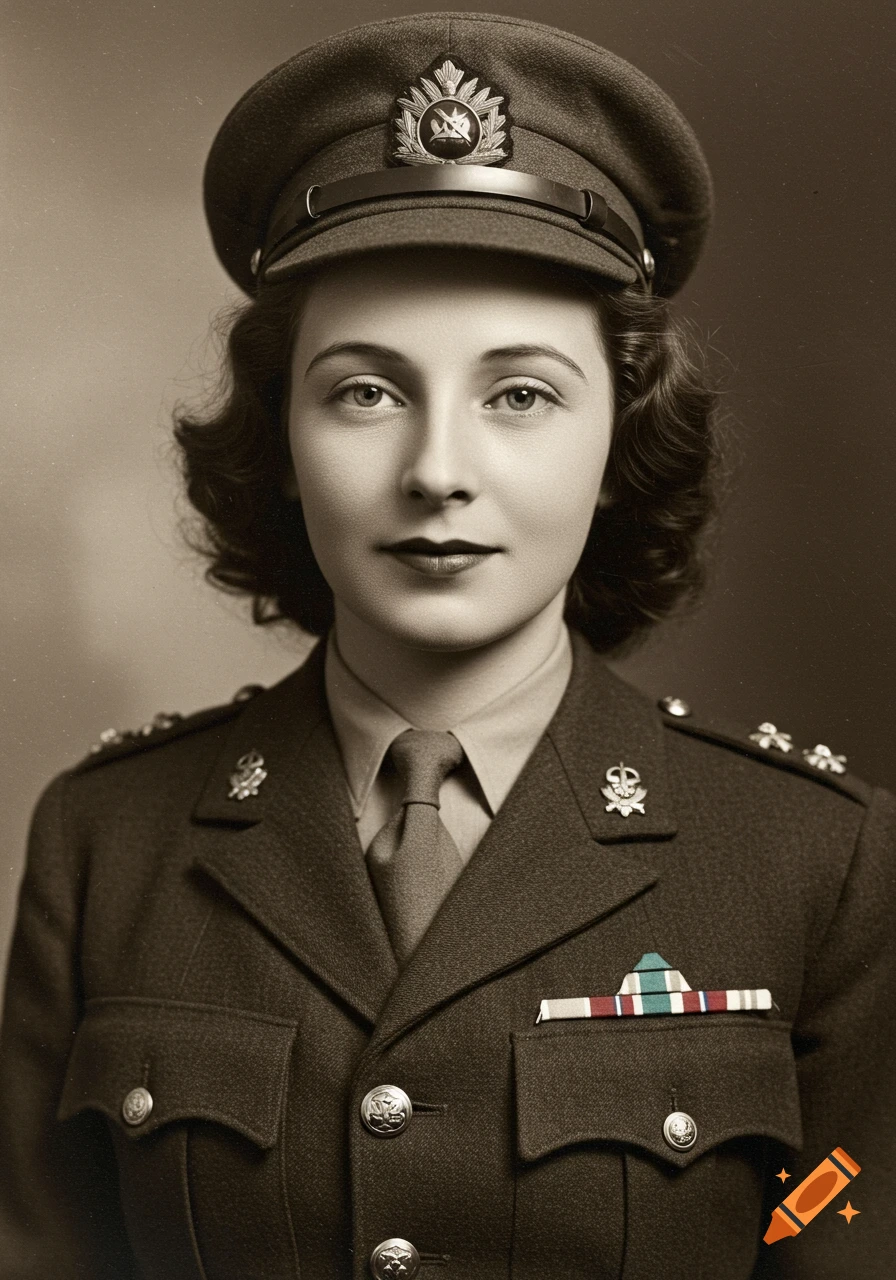 Sepia-toned portrait of a woman in a 1940s British military uniform and hat.