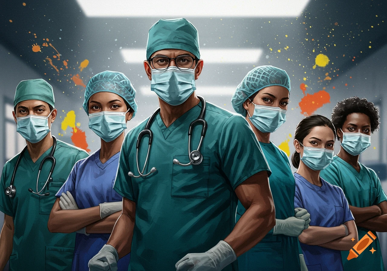 Group of diverse medical professionals wearing masks and scrubs, with paint splatters in the background.