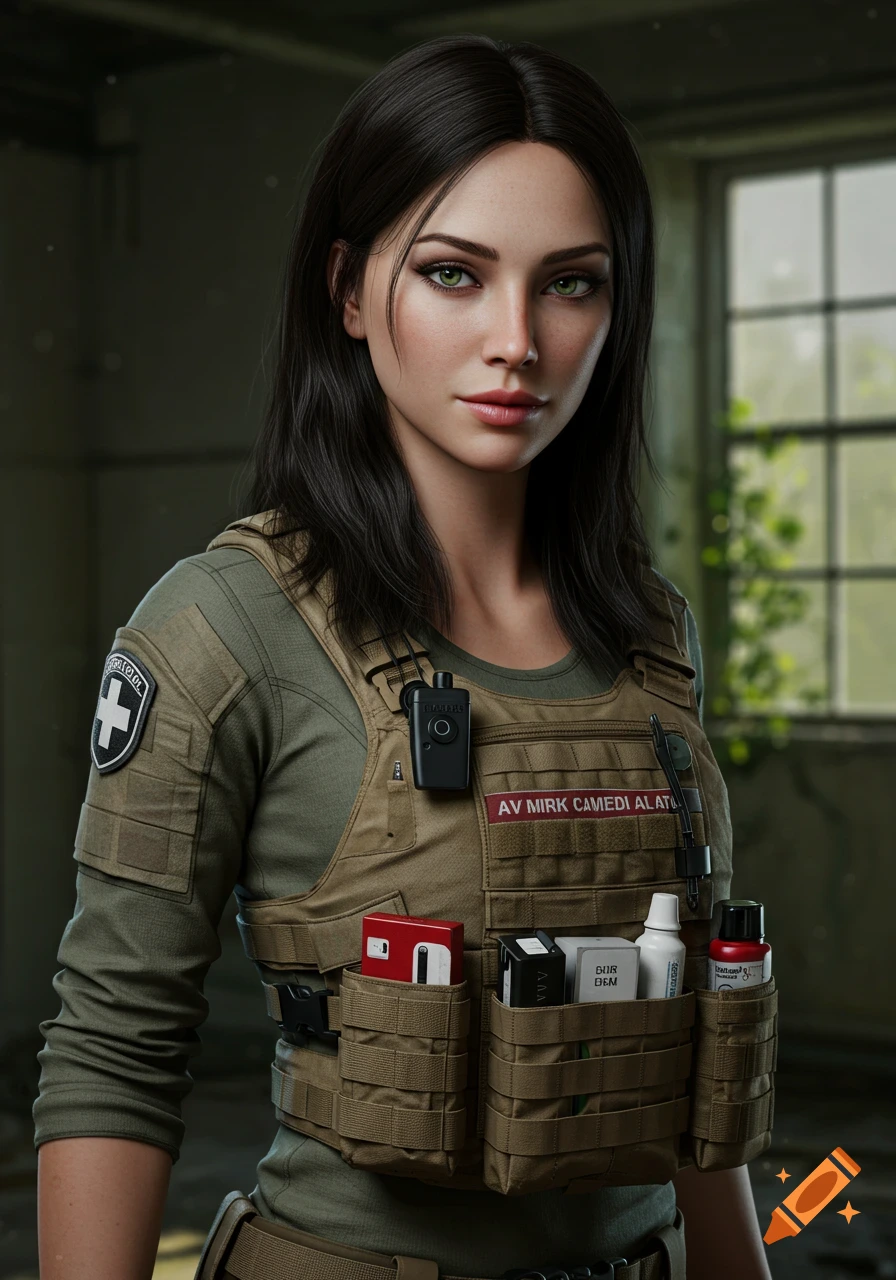 Portrait of a woman with dark hair and green eyes wearing tactical gear in an abandoned building.