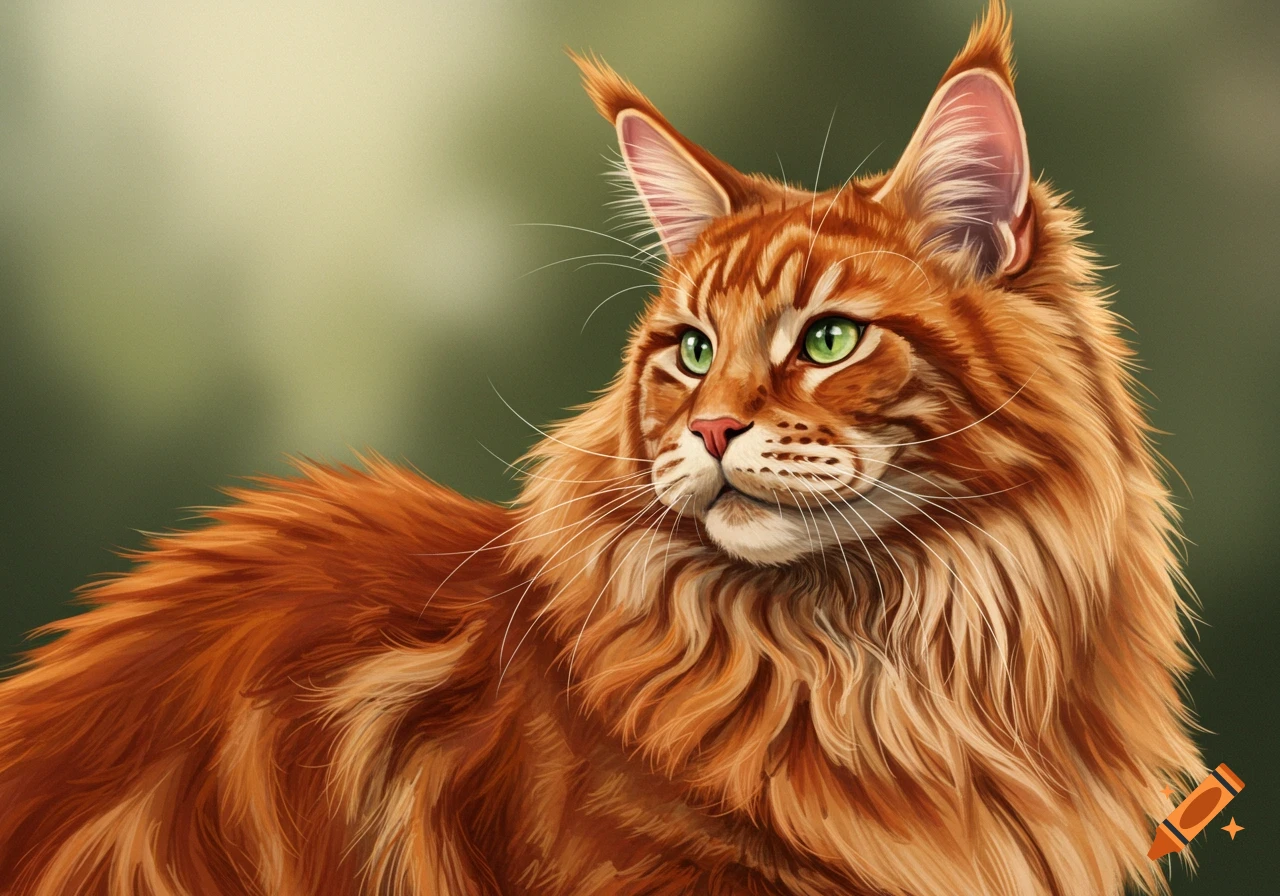 An orange Maine Coon cat with green eyes
