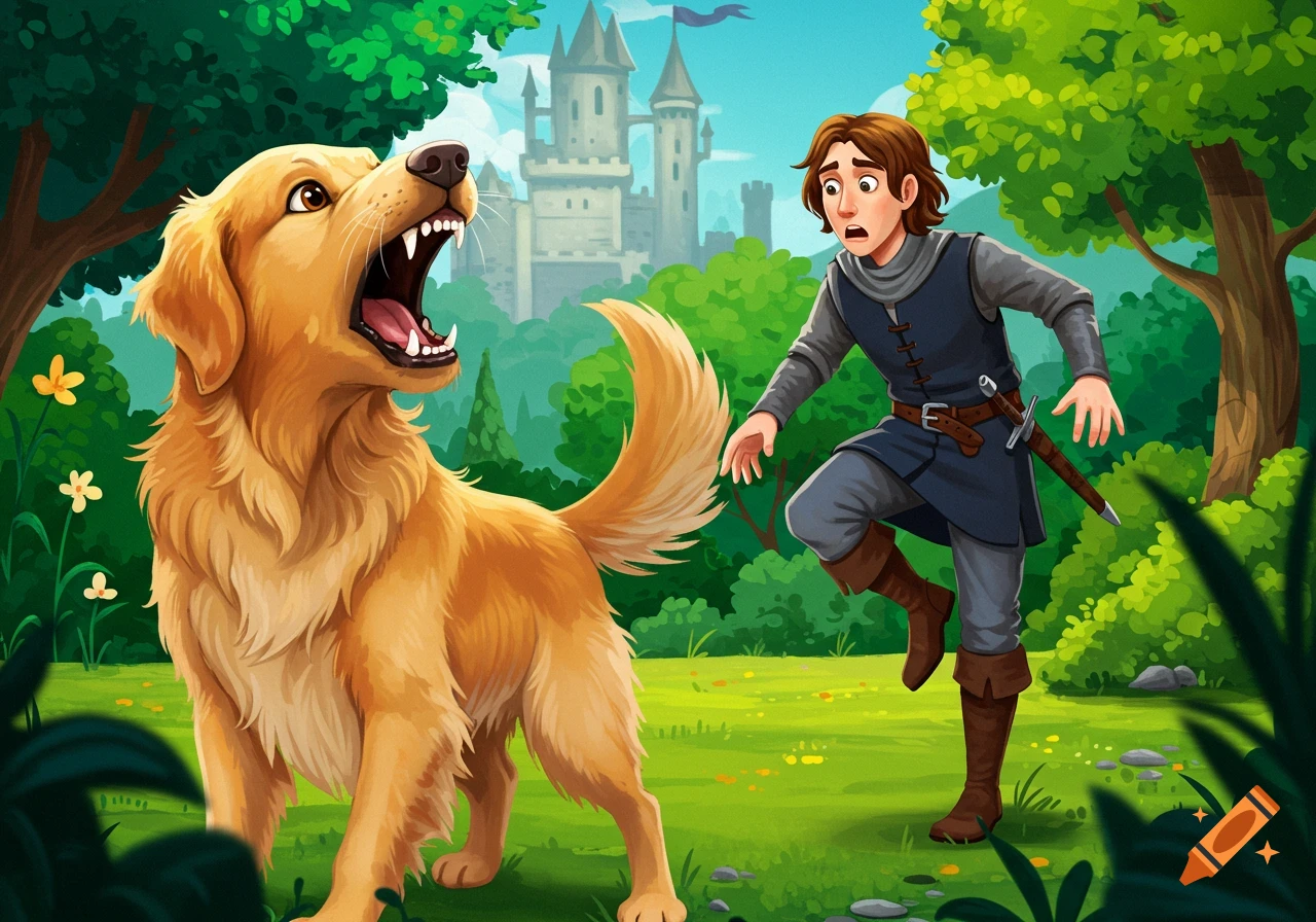 Illustrated scene of a barking golden retriever chasing a scared man near a castle.