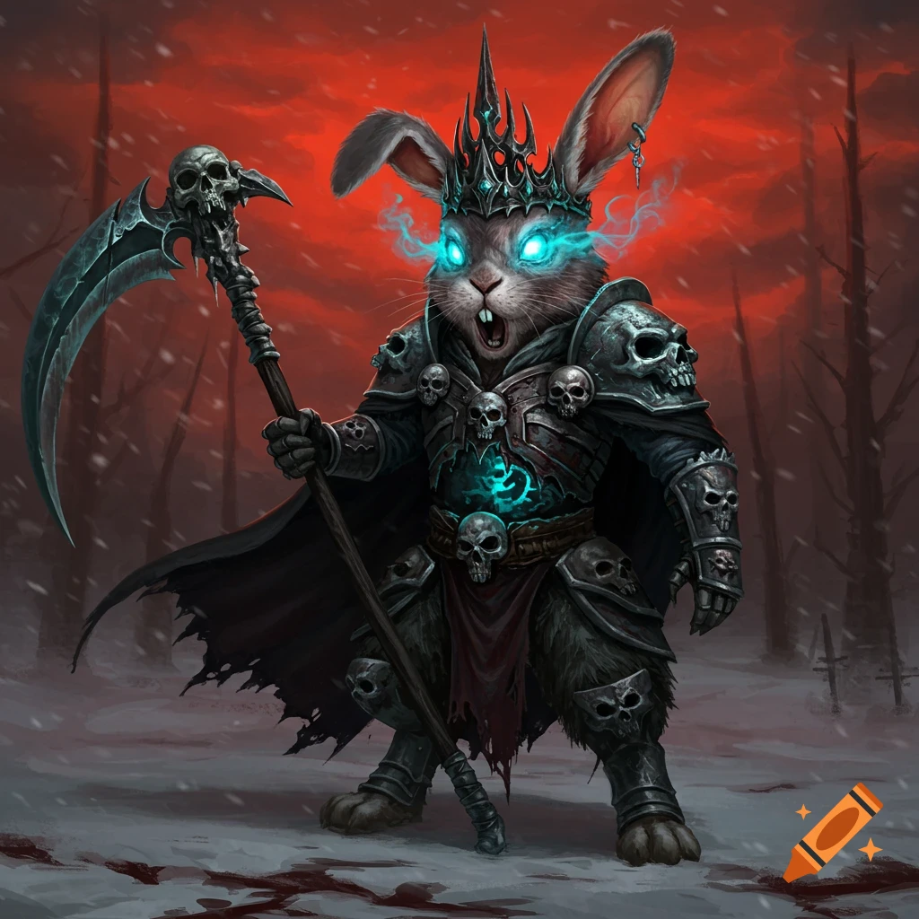 A fantasy rabbit in skull armor, crown, and glowing eyes, holding a scythe in a snowy graveyard.