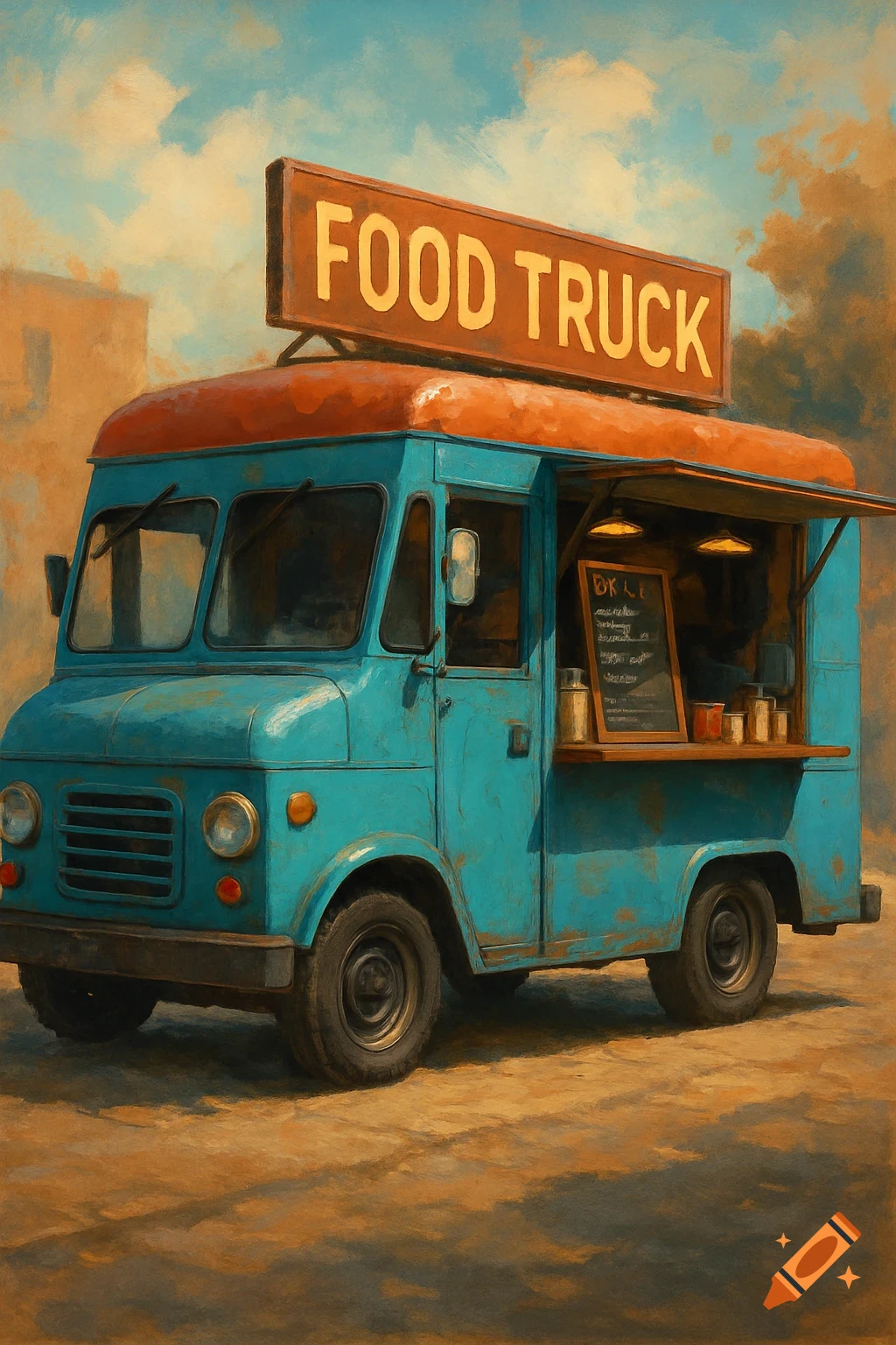 A blue food truck with an orange roof and a sign reading "FOOD TRUCK", parked outdoors.