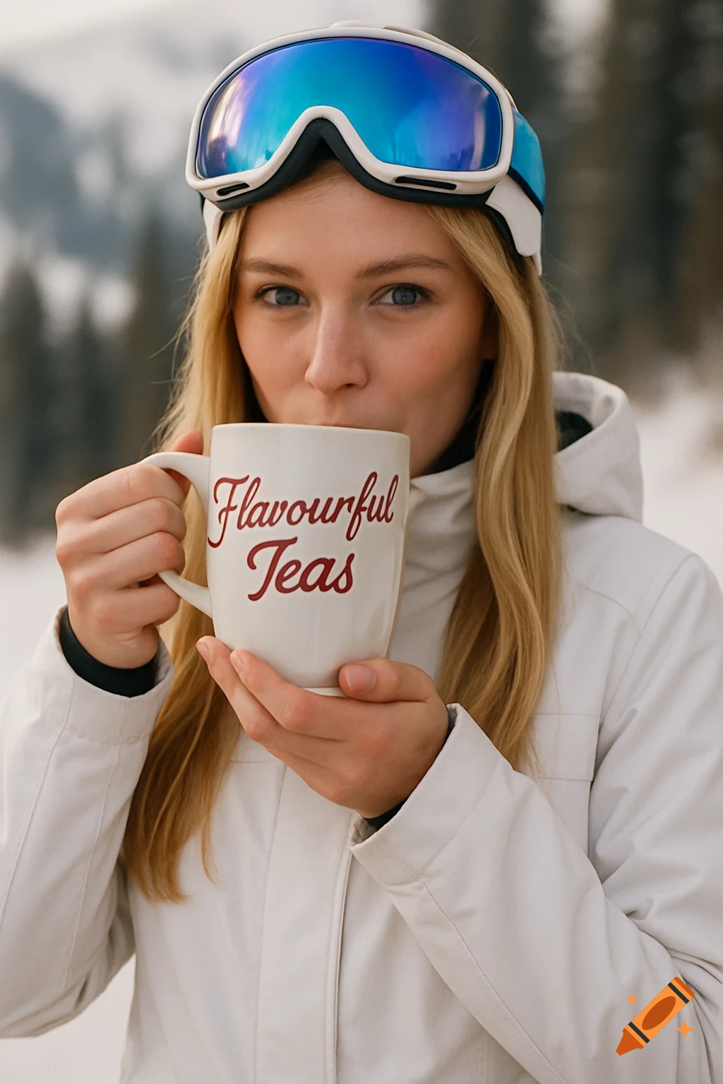 A young woman in ski gear drinks from a mug in a snowy setting.