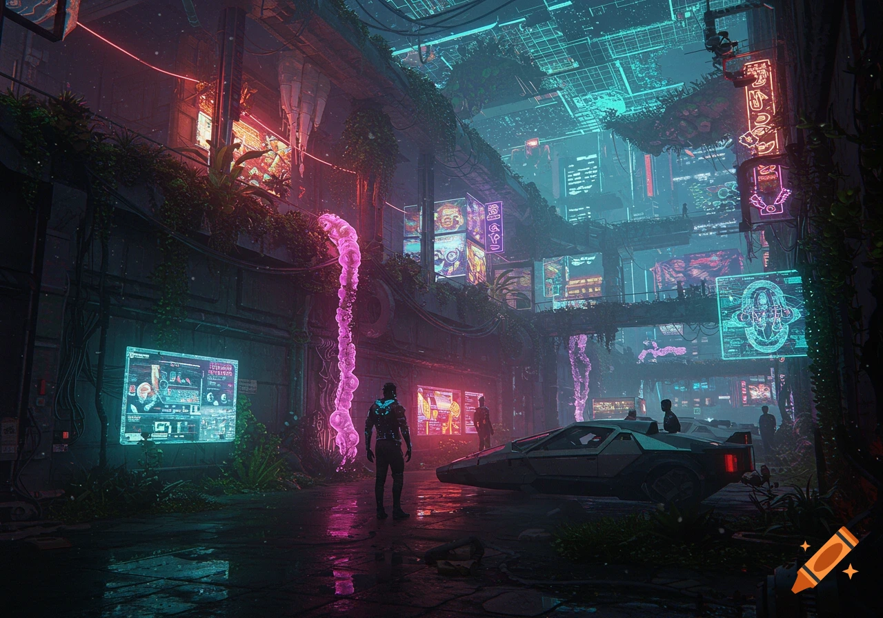 Cyberpunk city street at night with neon signs, screens, a person, and a futuristic car, in a detailed digital art style.