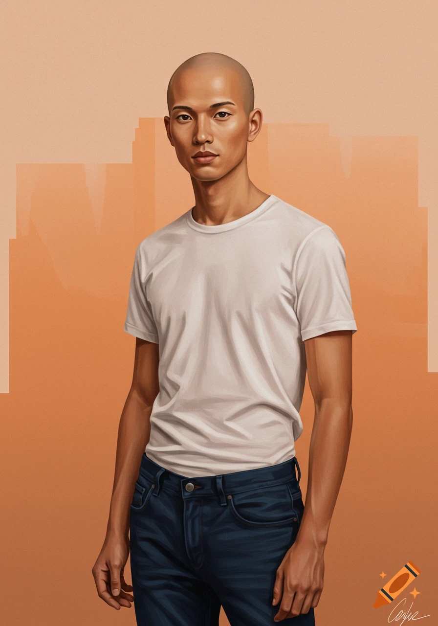 A bald man in a white t-shirt and jeans against an orange background.