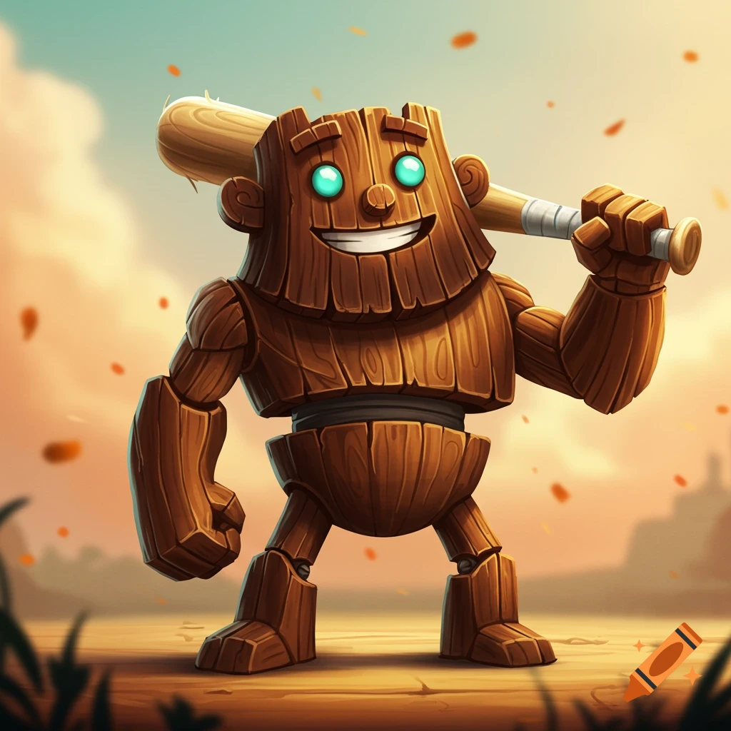A cartoon wooden character with glowing blue eyes holds a baseball bat.