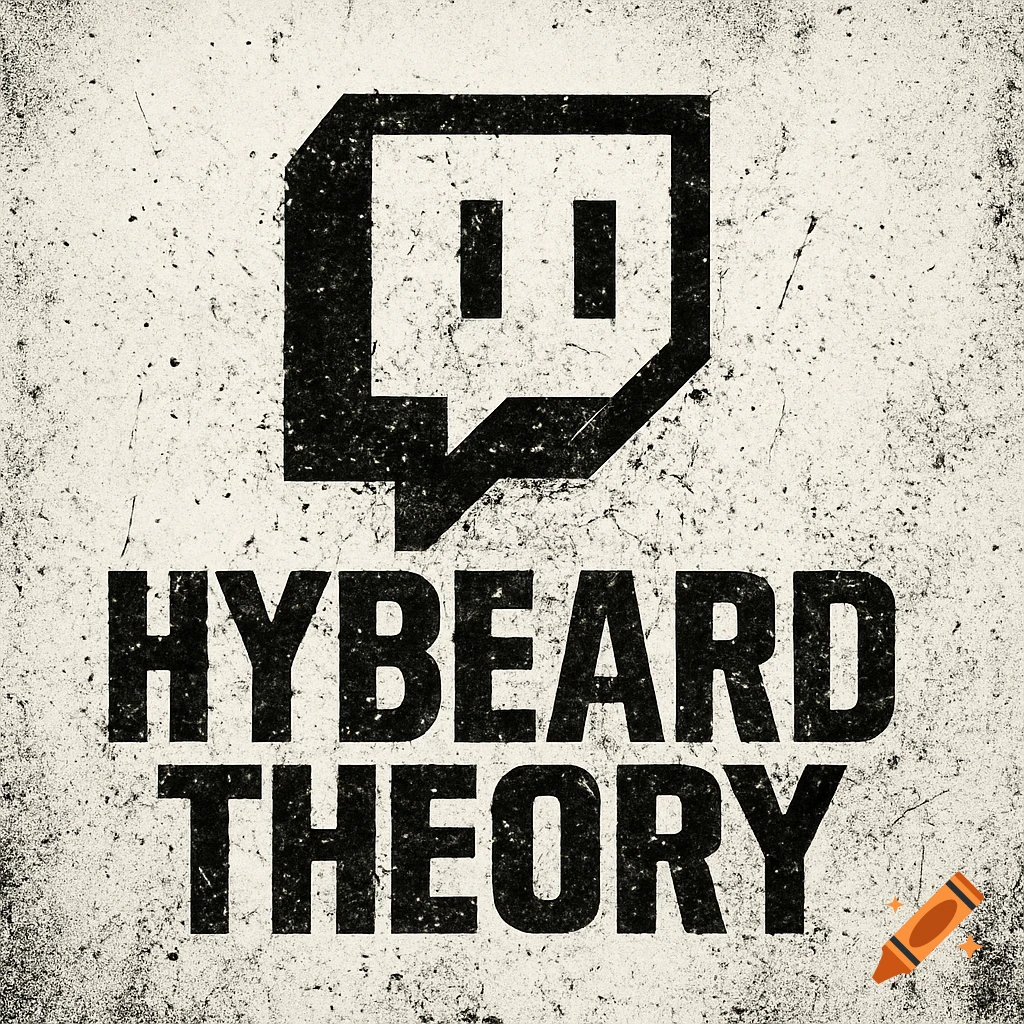 Black Twitch logo with the text HYBEARD THEORY below on a grunge background.