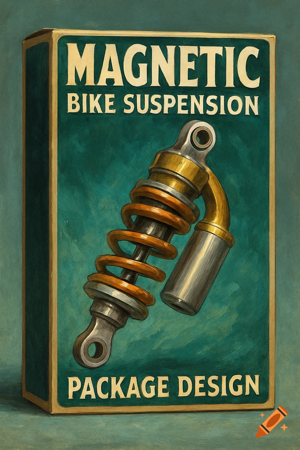 An illustration of a package design for Magnetic Bike Suspension, showing a suspension component on a green background.
