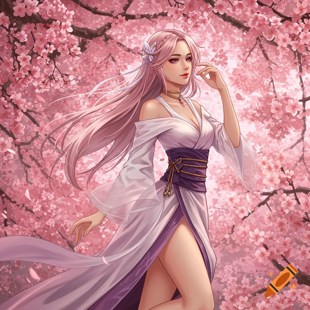 Anime woman in white and purple dress in a cherry blossom garden.