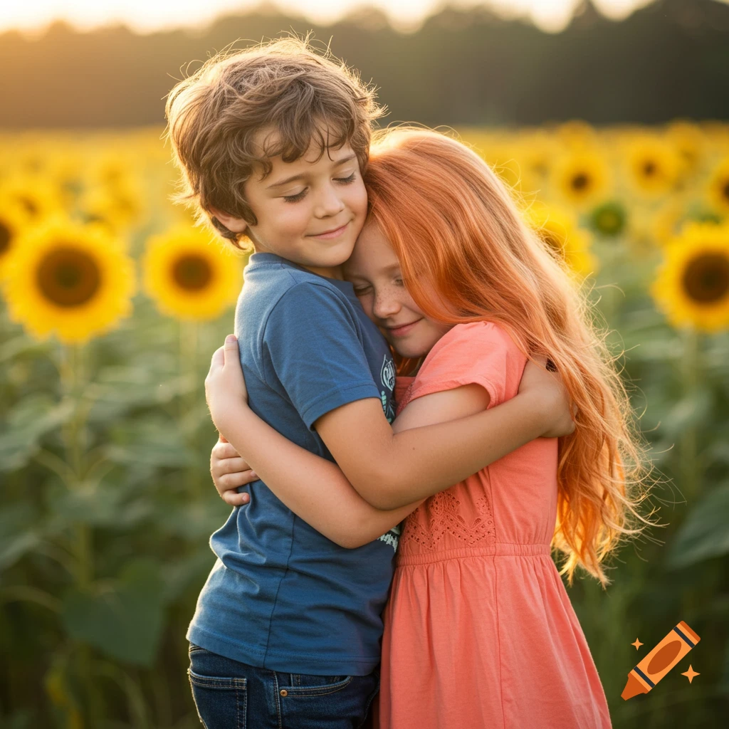 Two children hug in a sunlit sunflower field.