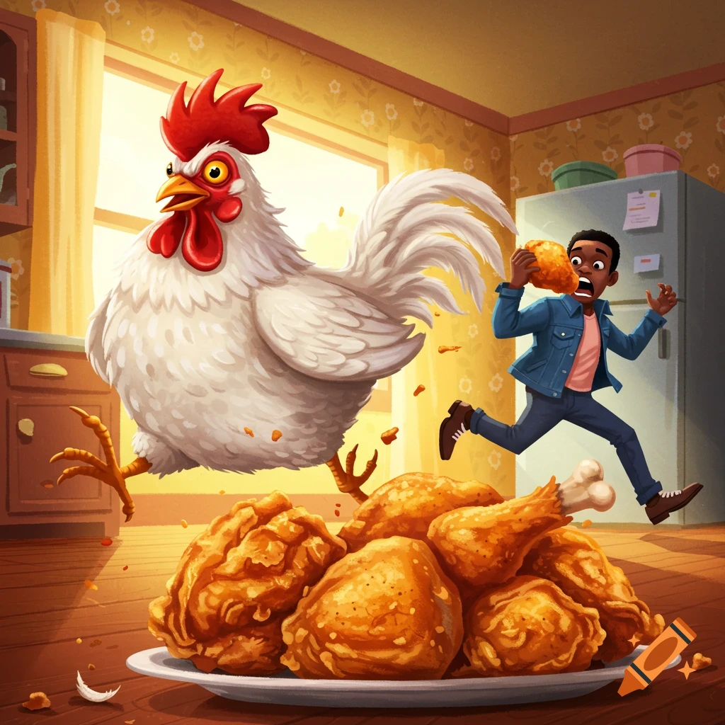 A giant cartoon chicken chases a person holding fried chicken in a kitchen.
