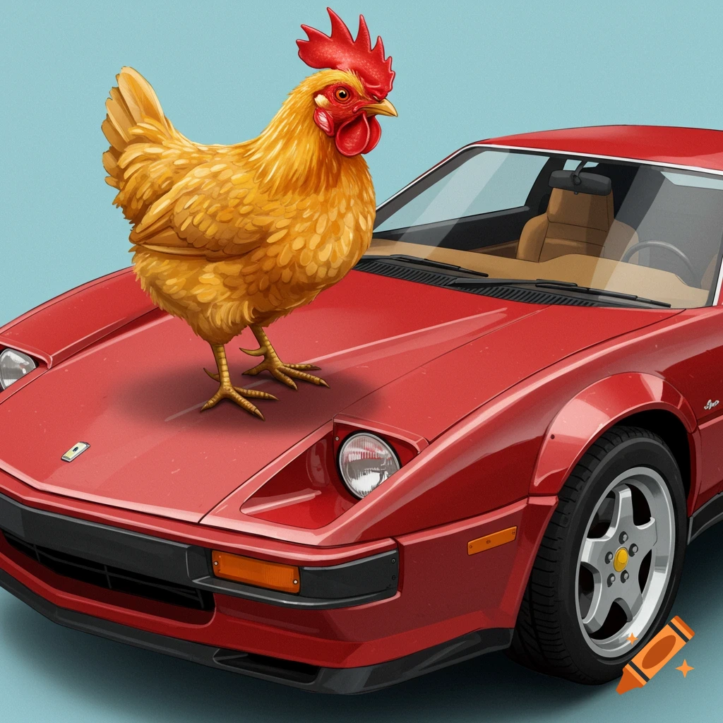 Cartoon illustration of a chicken standing on the hood of a red sports car.