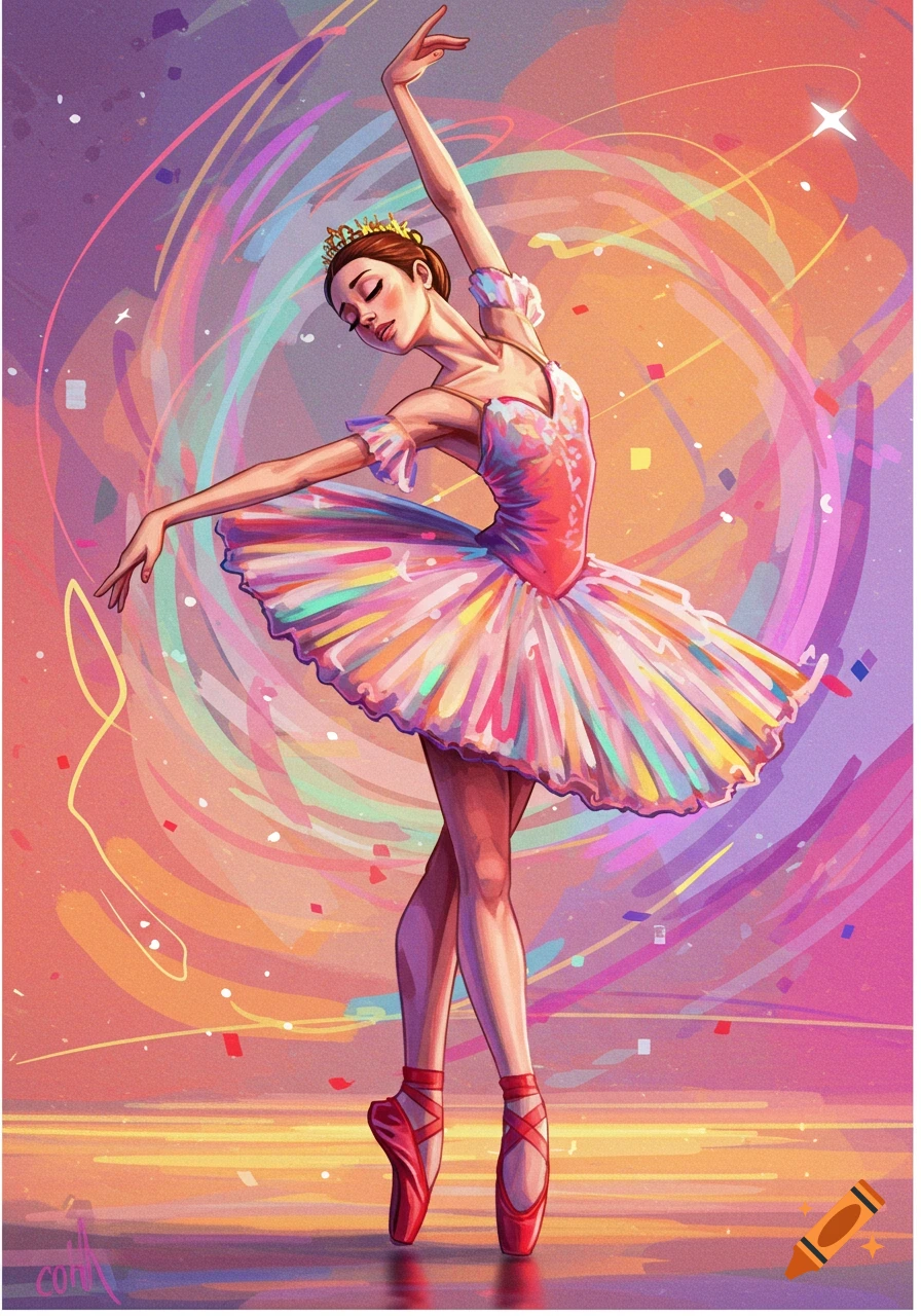 A ballerina dances in a colorful tutu against an abstract background.