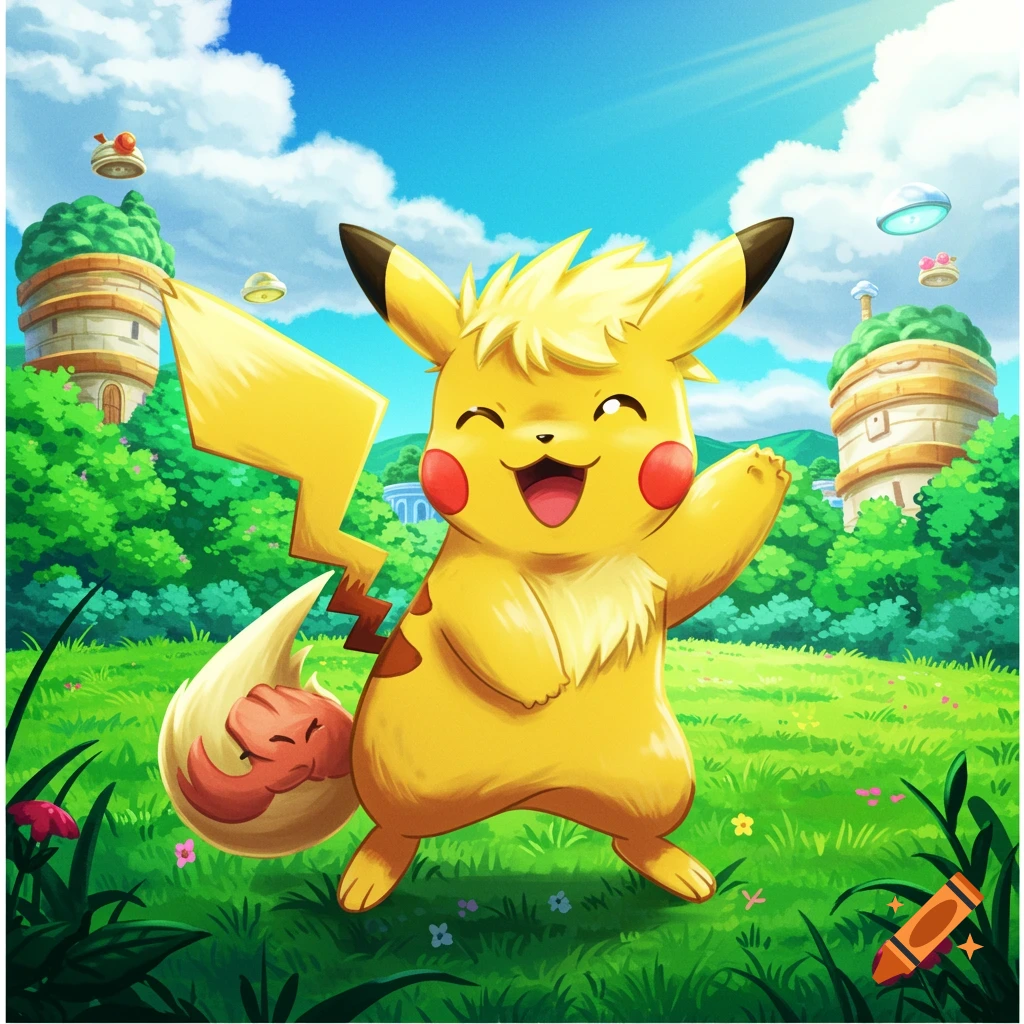 A cheerful Pikachu stands in a green field in front of buildings, waving.