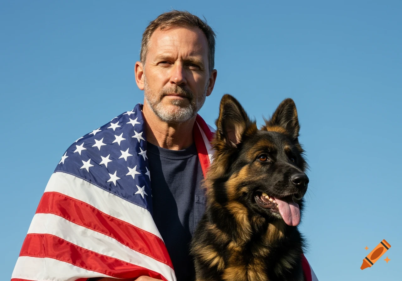 Man wrapped in American flag stands next to a German Shepherd under a blue sky.