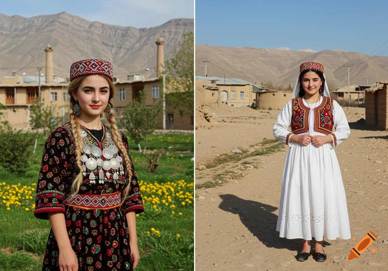 Split image showing two young women in traditional dresses in outdoor village settings with mountains in the background.
