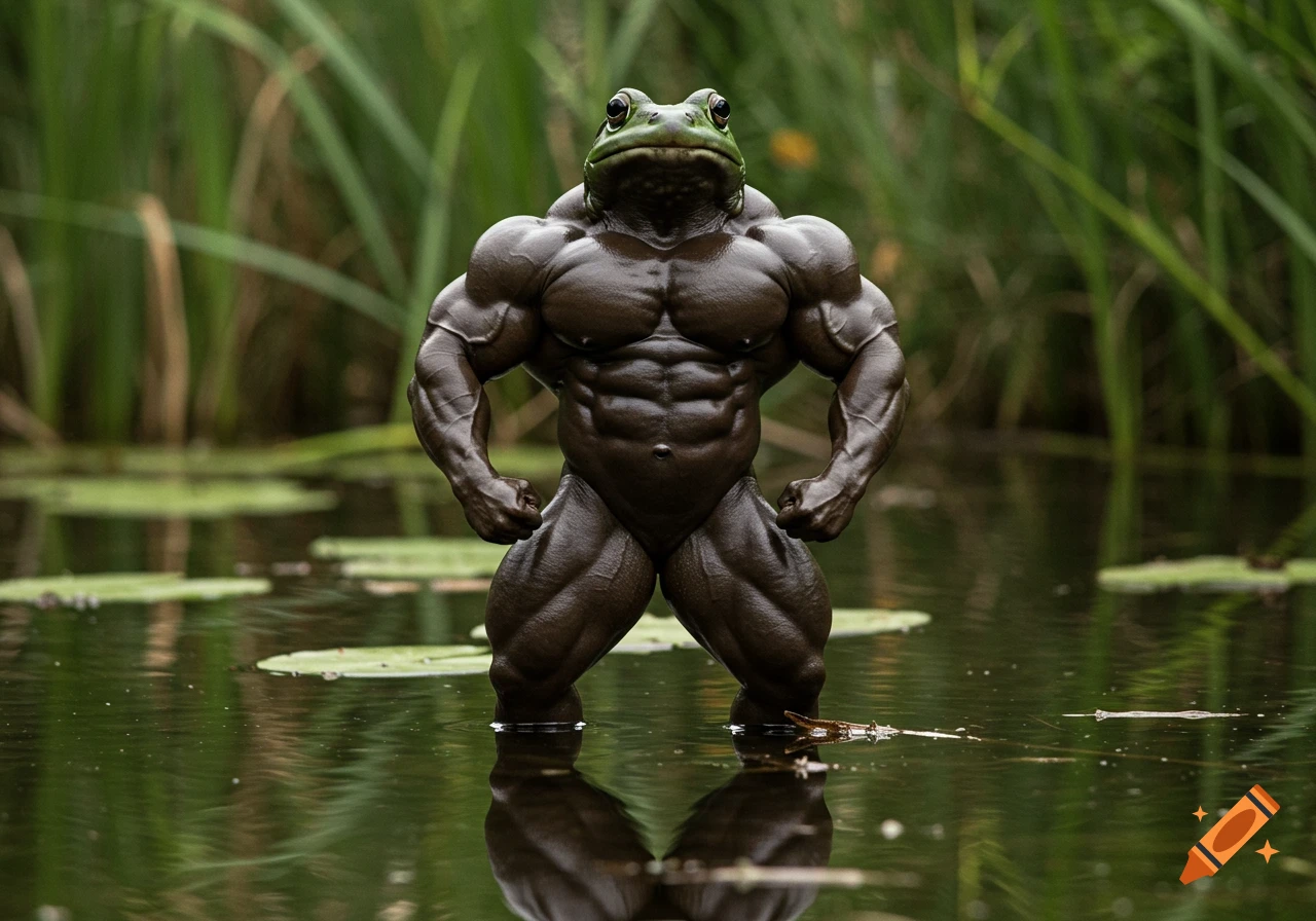 A large, muscular frog stands in a pond surrounded by tall grass and ...